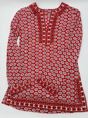 Hand-Embroidered Cotton Tunic Dress | Coral & Mint Detail | Size XS